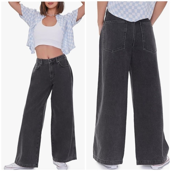 NWOT Forever 21 Dark Gray Wash High-Waisted Wide Leg Jeans - Picture 1 of 14